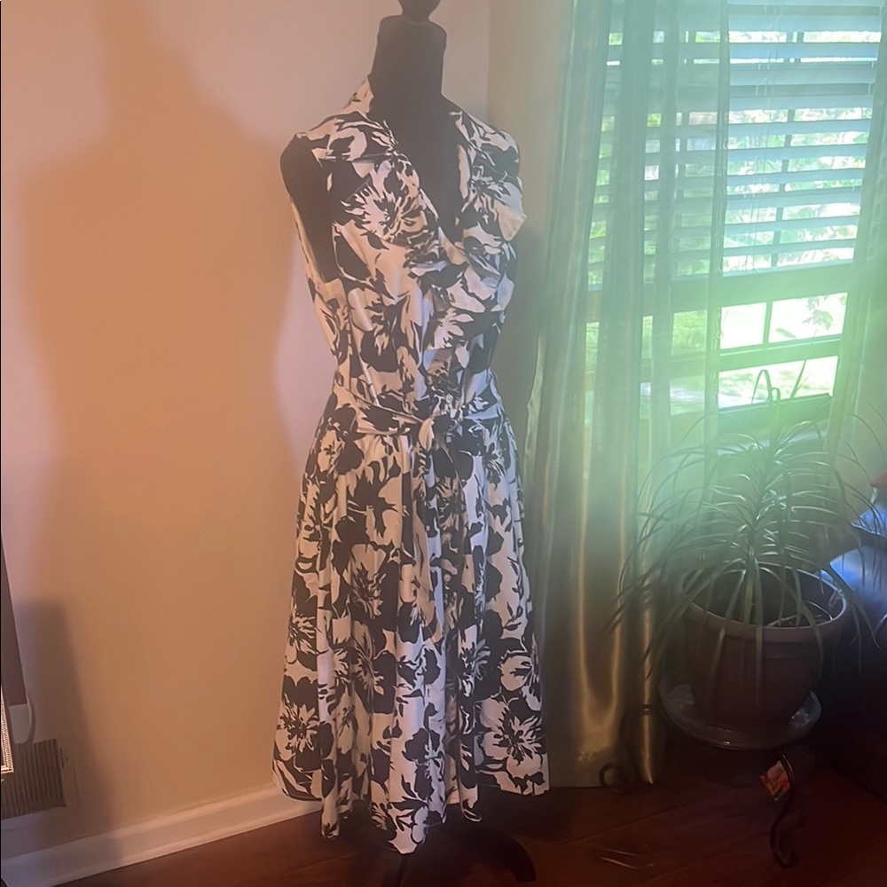 Black and White Sleeveless Cowl Neck Midi Sundress